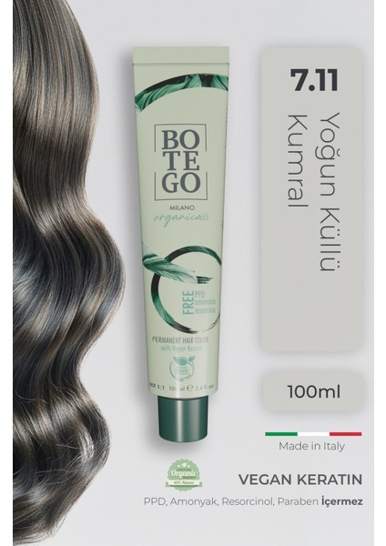 Organica Organik Saç Boyası - 7.11 Yoğun Küllü Kumral 100 ml - Amonyaksız, Kokusuz, Vegan