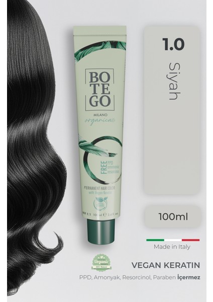 Organica Organik Saç Boyası - 1.0 Siyah 100 ml - Amonyaksız, Kokusuz, Vegan