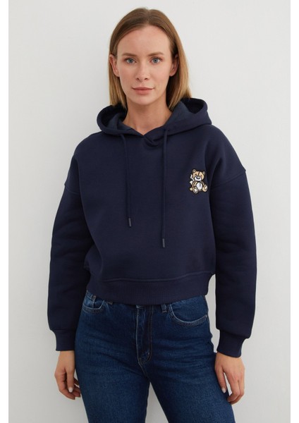 3 Iplik Ayıcık Nakışlı Kapüşonlu Sweatshirt