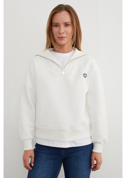 3 Iplik Kalp Nakışlı Yarım Fermuarlı Sweatshirt fiyatları