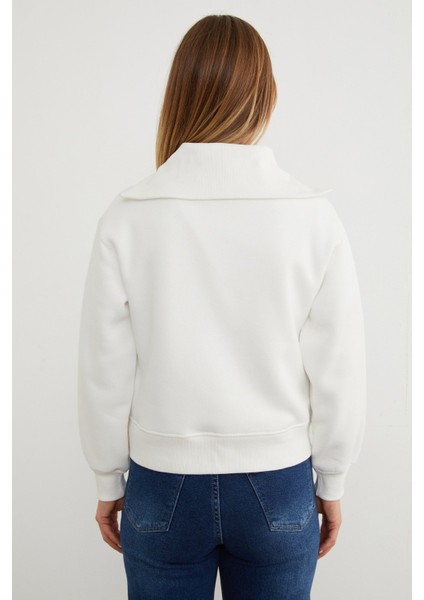 3 Iplik Kalp Nakışlı Yarım Fermuarlı Sweatshirt