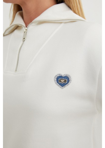 3 Iplik Kalp Nakışlı Yarım Fermuarlı Sweatshirt