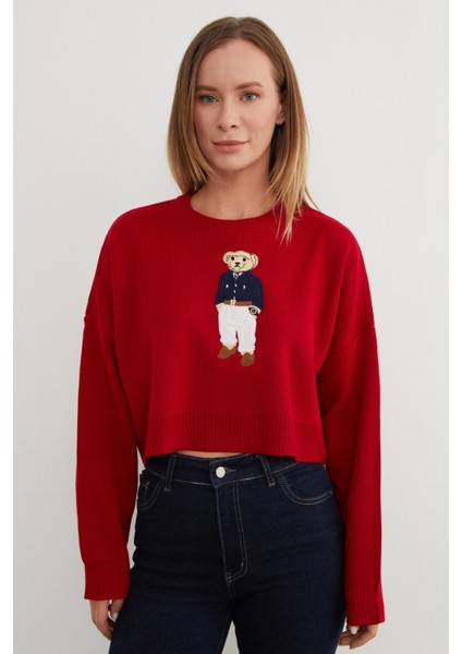 Ayıcık Nakışlı Oversize Crop Kazak fiyatları