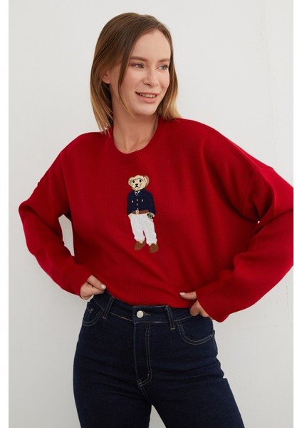 Ayıcık Nakışlı Oversize Crop Kazak indirimleri