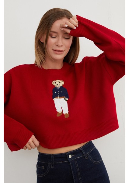 Ayıcık Nakışlı Oversize Crop Kazak