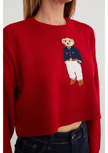 Ayıcık Nakışlı Oversize Crop Kazak