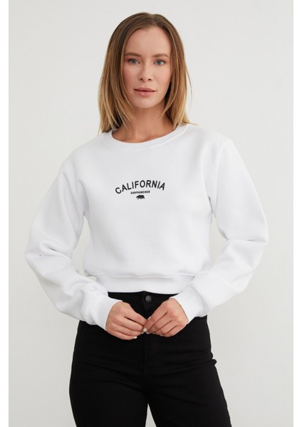3 Iplik California Yazı Baskılı Crop Sweatshirt