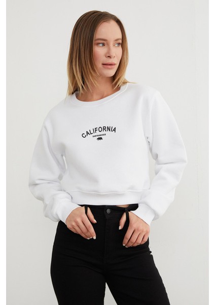 3 Iplik California Yazı Baskılı Crop Sweatshirt fiyatları