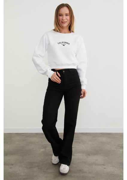 3 Iplik California Yazı Baskılı Crop Sweatshirt modelleri