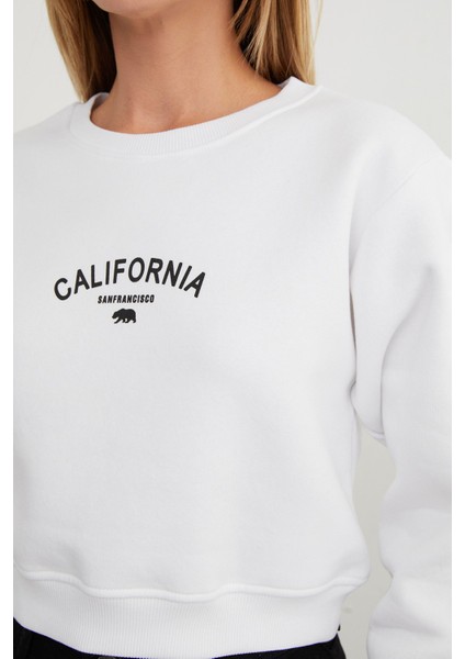 3 Iplik California Yazı Baskılı Crop Sweatshirt