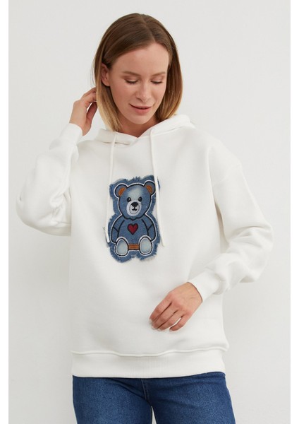3 Iplik Ayıcık Nakışlı Oversize Kapüşonlu Sweatshirt