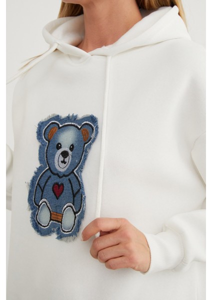 3 Iplik Ayıcık Nakışlı Oversize Kapüşonlu Sweatshirt