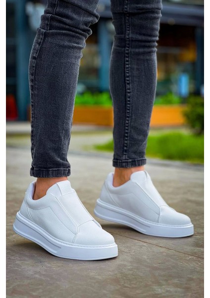 KB-007 Kuback Beyaz Yüksek Taban Tek Bant Bağcıksız Günlük Erkek Ayakkabı