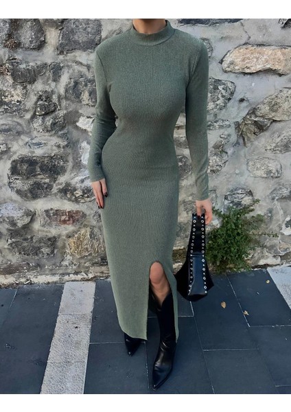 Yırtmaçlı Kalın Bürümcük Uzun Elbise Yeşil indirimleri