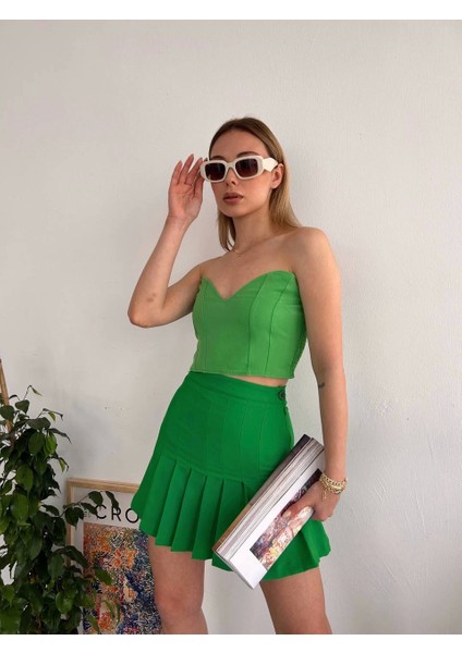 Pileli Düğmeli Etek Açık Yeşil S24811 modelleri