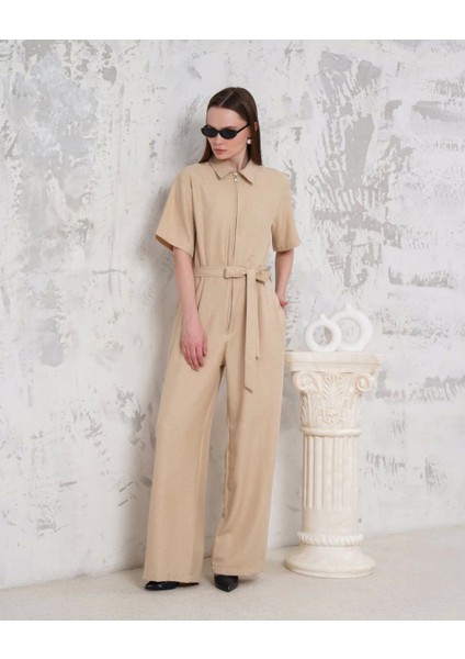Kuşaklı Gömlek Yaka Salaş Tulum Bej S255822 indirimleri
