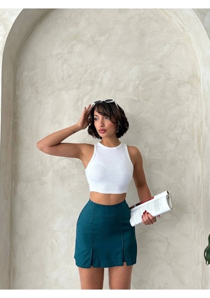 Çift Yırtmaçlı Atlas Şort Etek Petrol Yeşili S240364 fırsatları