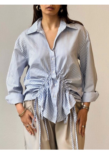 Önü Büzgü Detaylı Çizgili Gömlek