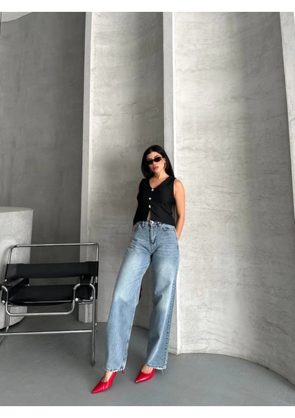 Palazzo Straight Kar Yıkama Jeans Pantolon Mavi D2008