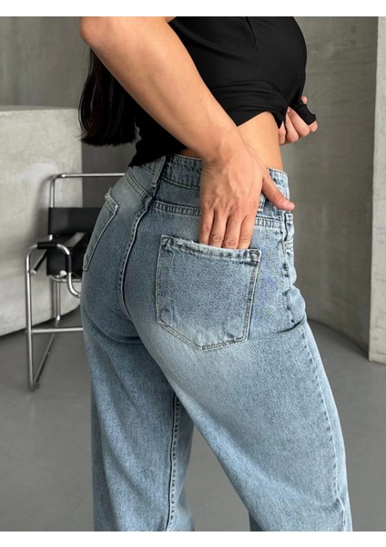 Palazzo Straight Kar Yıkama Jeans Pantolon Mavi D2008 indirimleri
