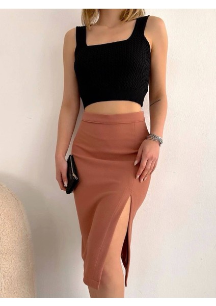 Uzun Midi Boy Yırtmaçlı Etek Somon S24907 modelleri