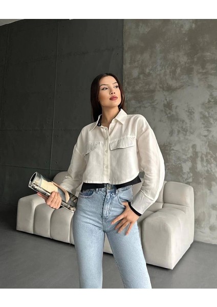 Çift Renkli Kısa Gömlek Krem S4021