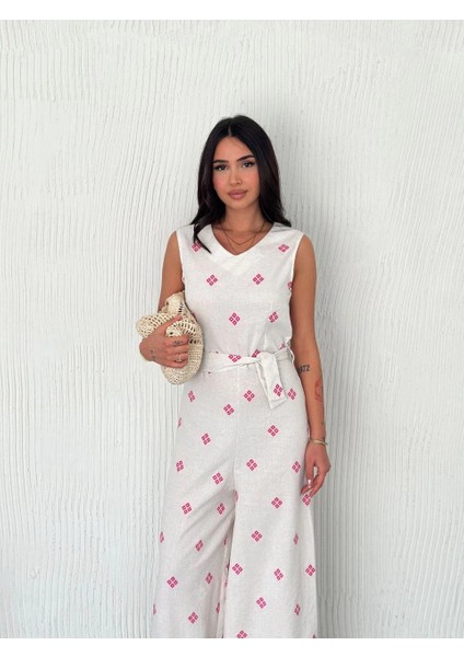 Sırt Dekolteli Keten Beyaz Tulum S1036 modelleri