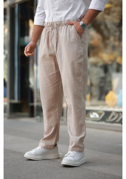 Erkek Beli Lastikli Keten Rahat Pantolon