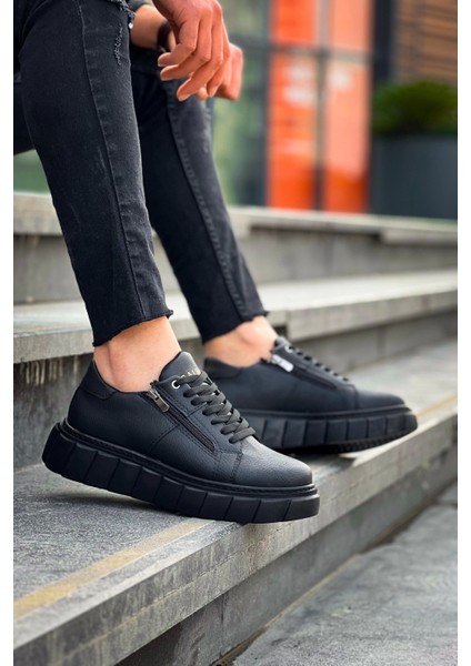 KB-X155 Kuback Siyah Cilt Detaylı Siyah Yüksek Taban Günlük Spor Ayakkabı