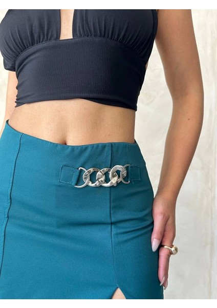 Zincirli Şort Etek Petrol Yeşili S24676