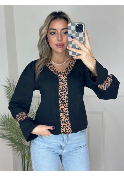 Kadın Uzun Kollu V Yakalı Leopar Detaylı Krep Bluz