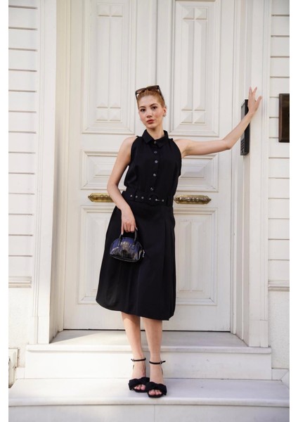 Gömlek Yaka Kemerli Elbise Siyah S255061 fırsatları