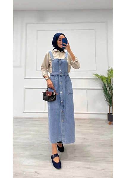 Etekli Salopet Enzim Süper Taş Yıkama Buz Mavi D 2521