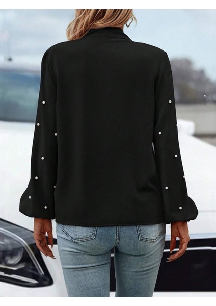 Kadın Uzun Kollu Yakadan Fiyonklu Incili Ithal Krep Bluz fırsatları