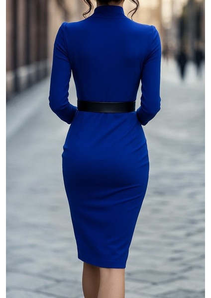 Kadın Uzun Kollu Hakim Yaka Beli Kemerli Cepli Midi Ithal Krep Elbise fiyatları