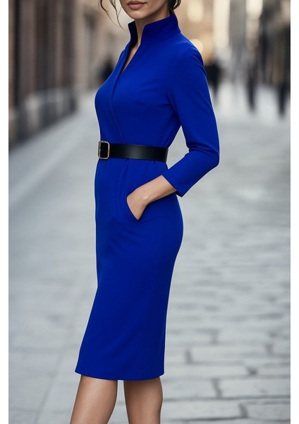 Kadın Uzun Kollu Hakim Yaka Beli Kemerli Cepli Midi Ithal Krep Elbise modelleri