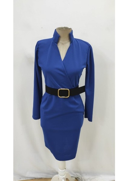 Kadın Uzun Kollu Hakim Yaka Beli Kemerli Cepli Midi Ithal Krep Elbise fırsatları