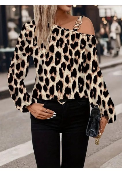 Aknbutik Kadın Uzun Kollu Tek Omuzu Açık Tokalı Leopar Desenli Modal Bluz