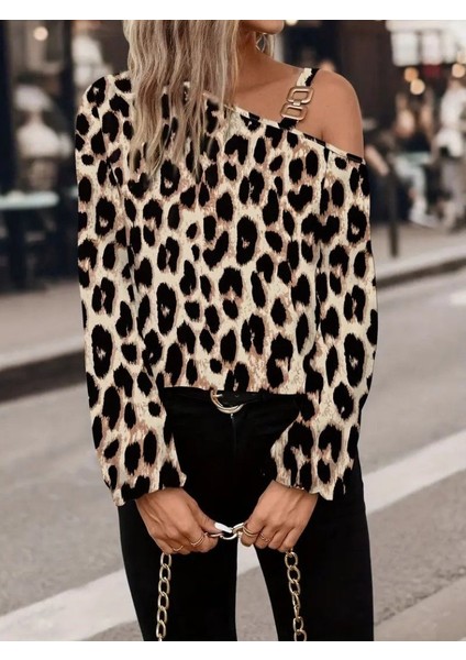 Aknbutik Kadın Uzun Kollu Tek Omuzu Açık Tokalı Leopar Desenli Modal Bluz fiyatları