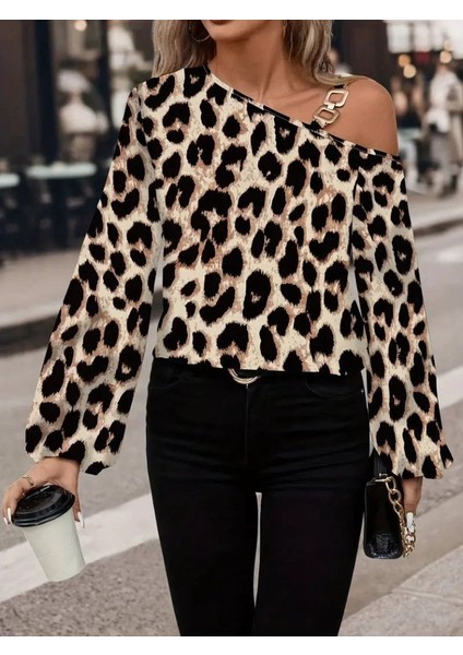 Aknbutik Kadın Uzun Kollu Tek Omuzu Açık Tokalı Leopar Desenli Modal Bluz modelleri
