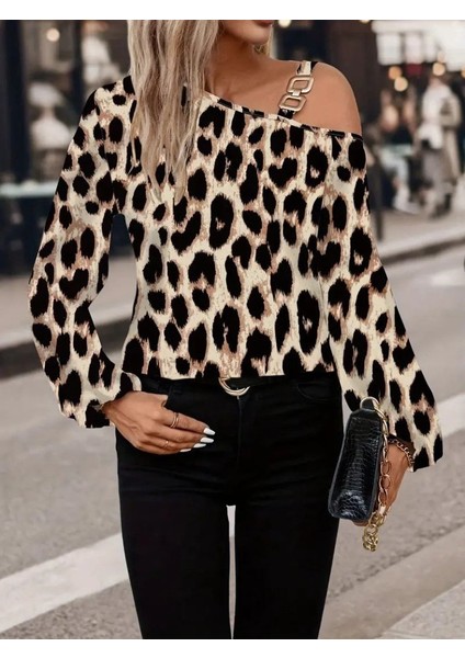 Aknbutik Kadın Uzun Kollu Tek Omuzu Açık Tokalı Leopar Desenli Modal Bluz fırsatları