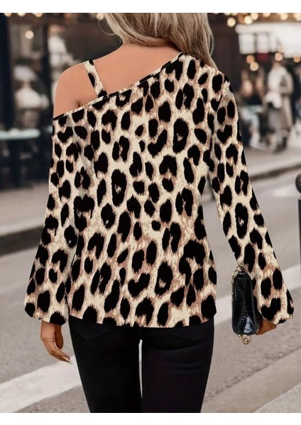 Aknbutik Kadın Uzun Kollu Tek Omuzu Açık Tokalı Leopar Desenli Modal Bluz indirimleri