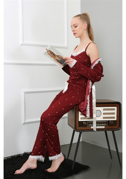Modaserdem Kadın 3'lü Bordo Sabahlık Pijama Takım 16103