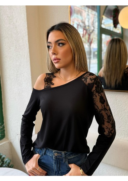 Modamuvo Kadın Tek Omuzu Açık Askılı Dantelli Viskon Bluz