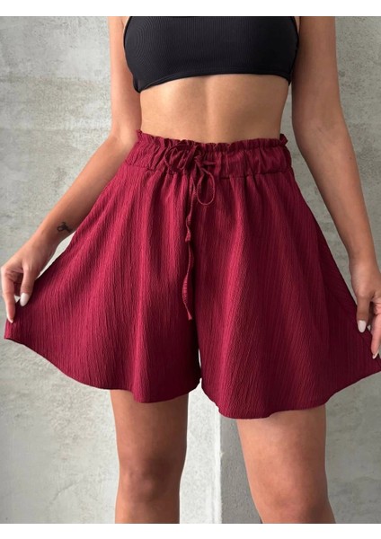 Volanlı Keten Şort Bordo S255058