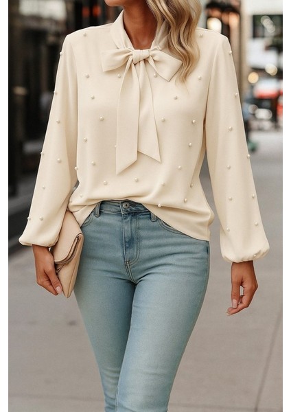 Kadın Uzun Kollu Yakadan Fiyonklu Incili Ithal Krep Bluz