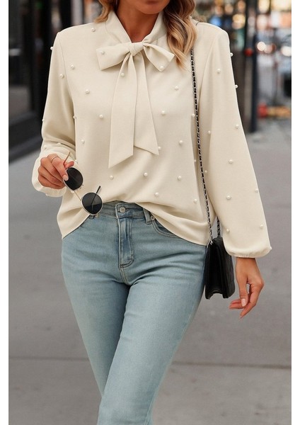 Kadın Uzun Kollu Yakadan Fiyonklu Incili Ithal Krep Bluz fiyatları