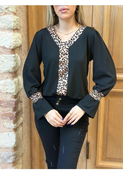 Kadın Uzun Kollu V Yakalı Leopar Detaylı Krep Bluz
