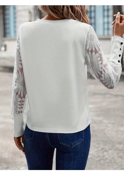 Kadın Uzun Kollu Bisiklet Yaka Kolları Çiçekli Waffle Bluz fiyatları