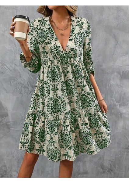 Kadın Uzun Kollu V Yakalı Fırfırlı Mini Süprem Elbise fiyatları